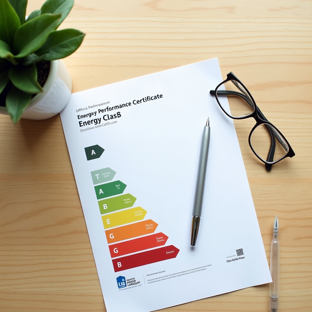 Energy performance certificate document on a desk with a pen and reading glasses