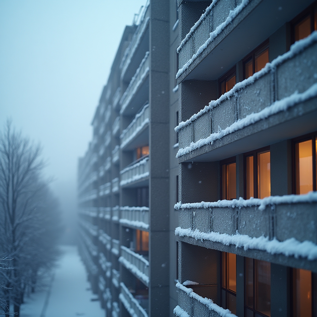 Polish apartment block in winter with frosted balconies