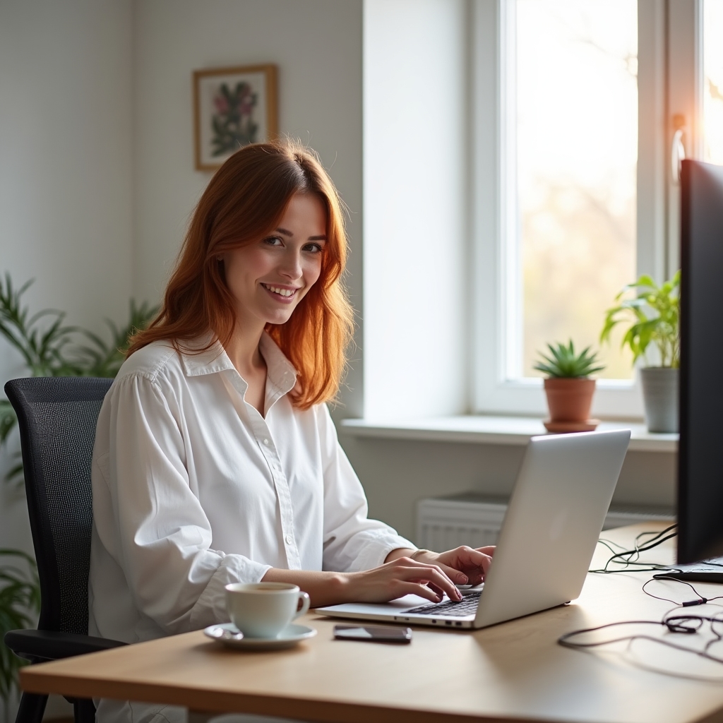 Young woman working at a laptop in a bright Warsaw apartment home office setup