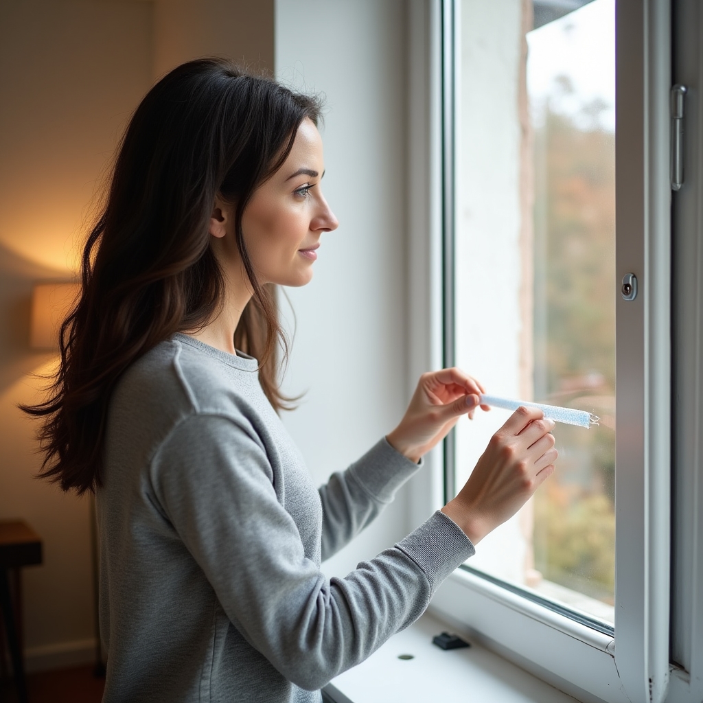 Person applying draught sealing tape to a window frame in a Polish blok apartment